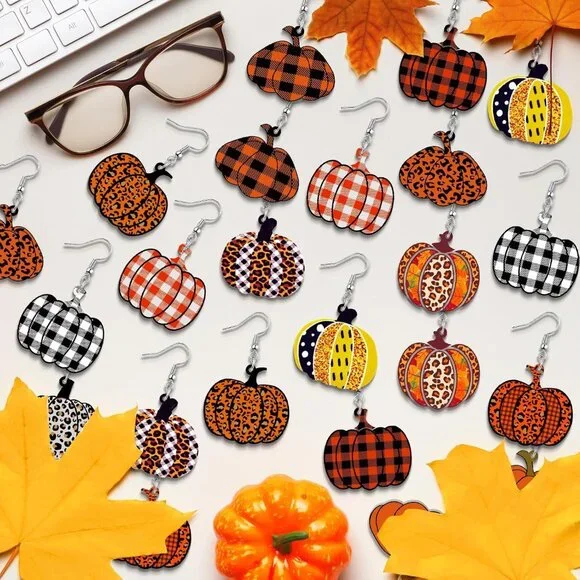 12 Pairs Thanksgiving Fall Earrings for Women Leopard pumpkin Maple Leaf Turkey - Picture 6 of 7